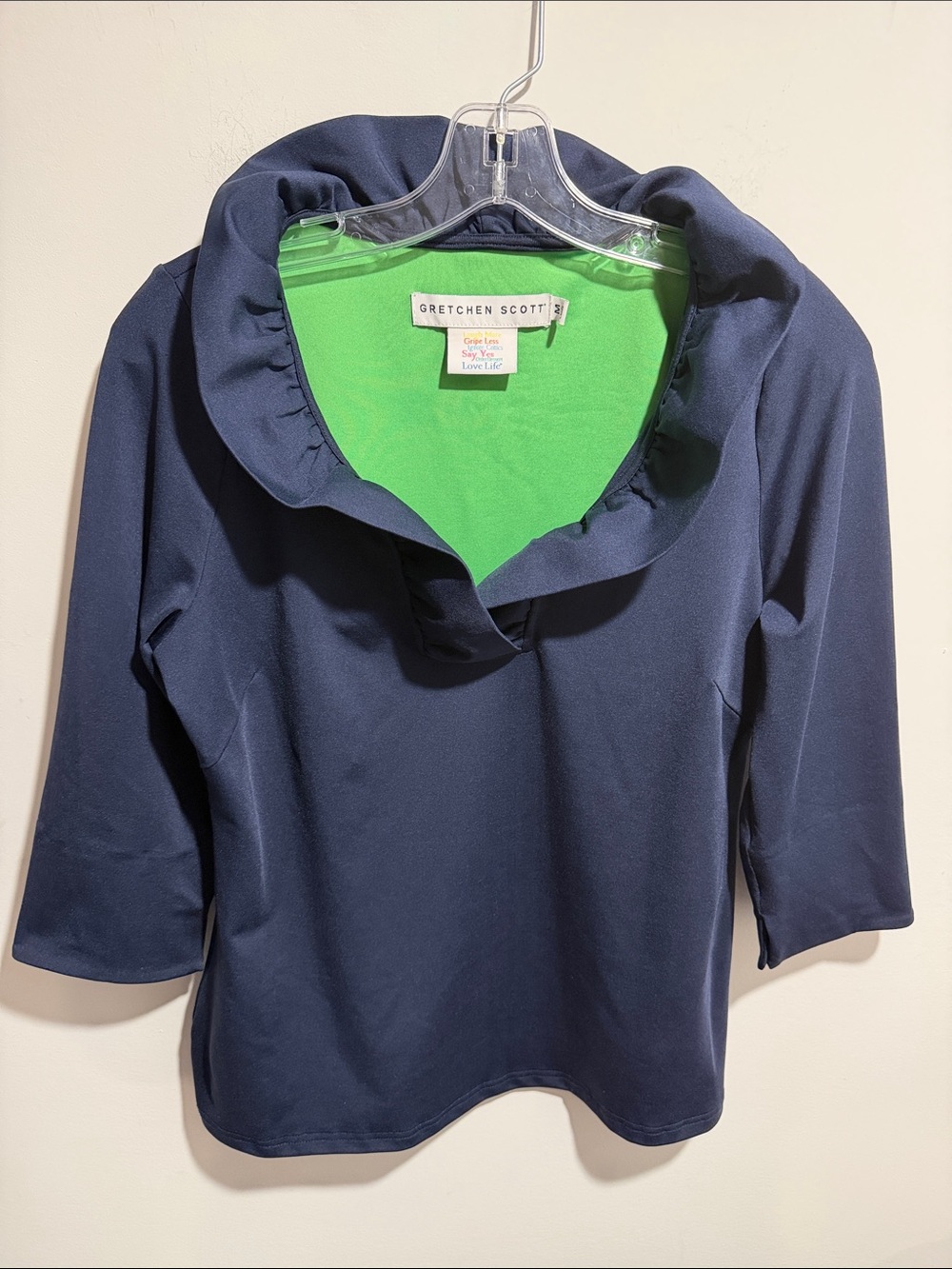 Gretchen Scott Designs Navy Ruffle Collar Top with Bright Green Lining Size Medi